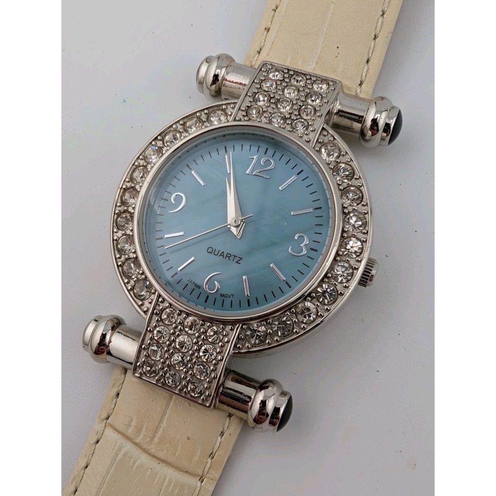 Women's Quartz Watch Blue MOP Dial 32mm Case White Leather Band- New Battery